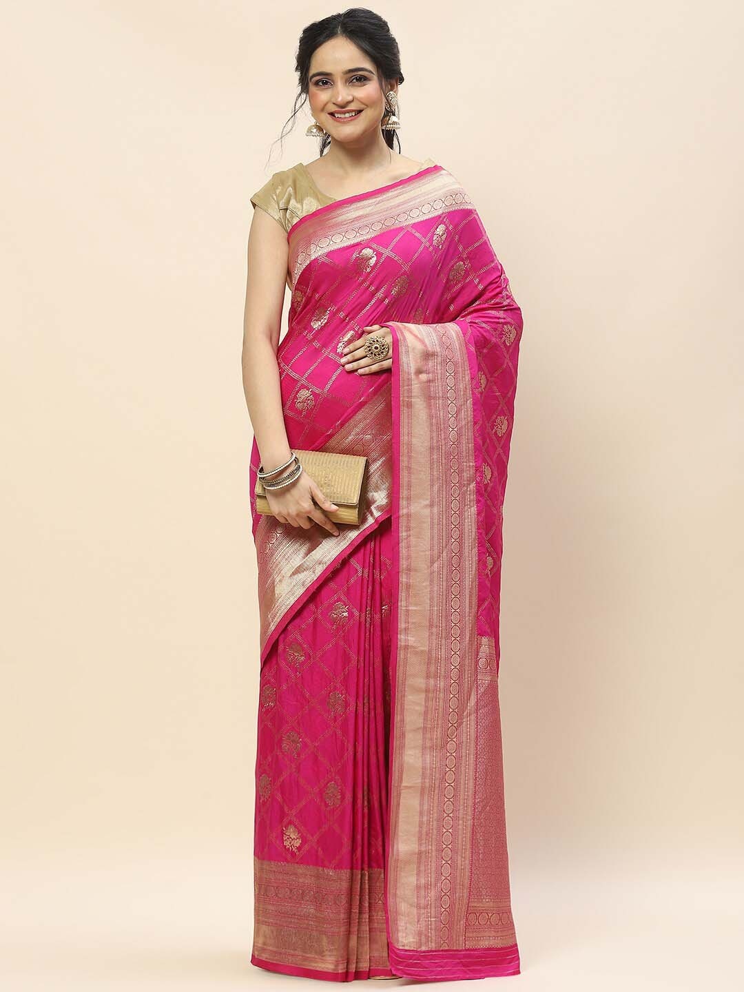 

Meena Bazaar Ethnic Motifs Woven Design Zari Saree, Pink