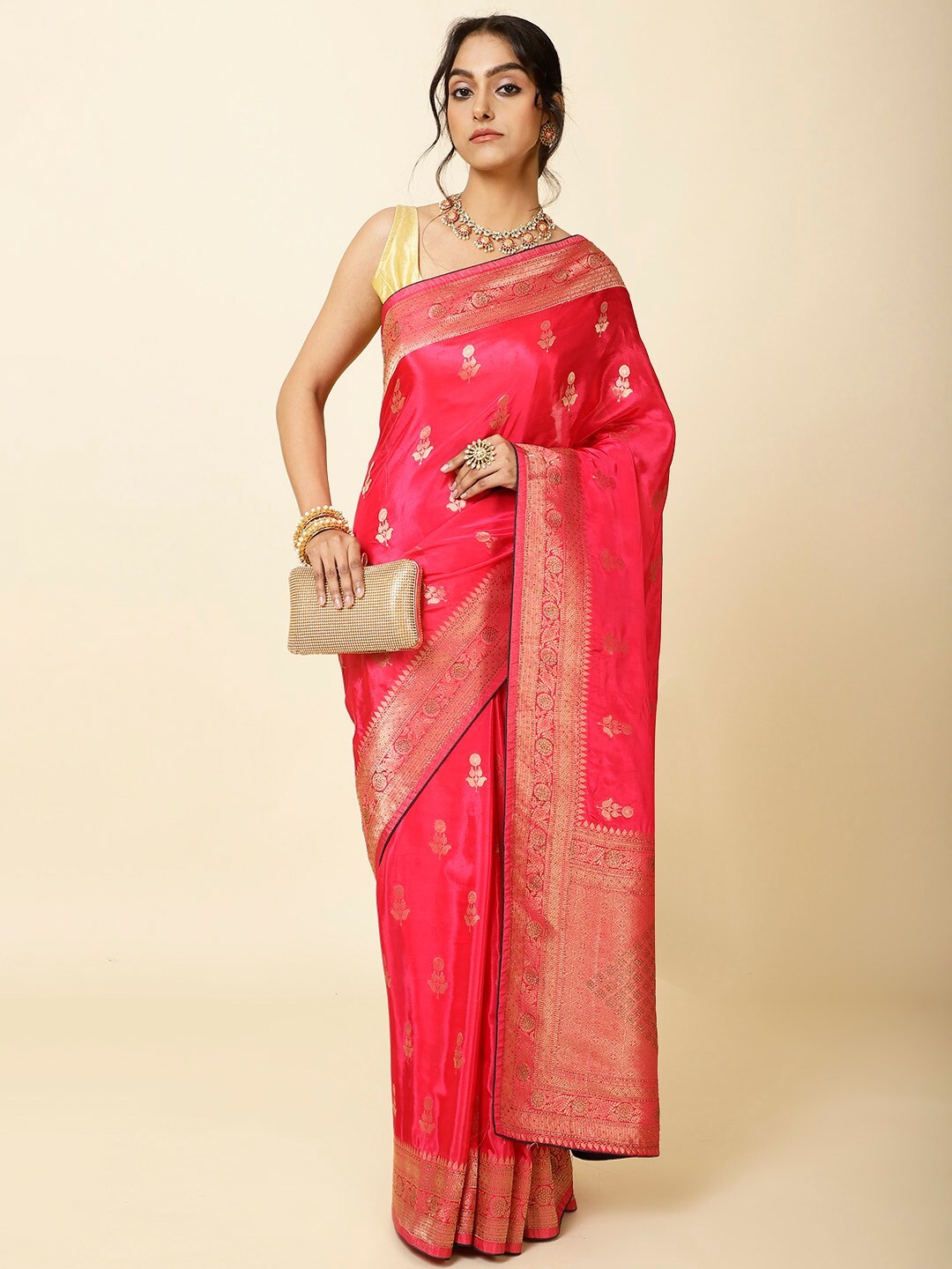 

Meena Bazaar Floral Woven Design Zari Saree, Pink