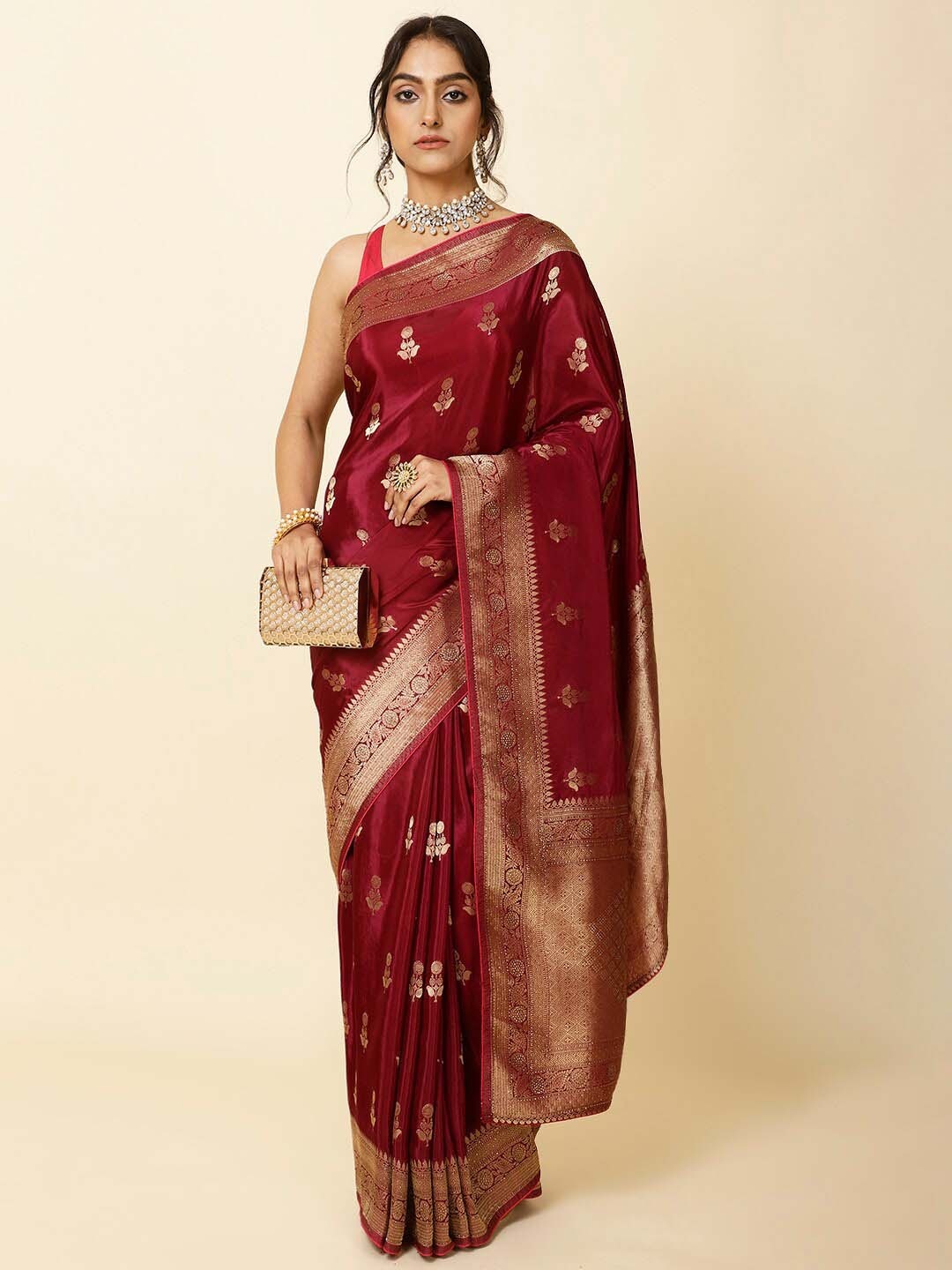 

Meena Bazaar Floral Woven Design Zari Saree, Burgundy