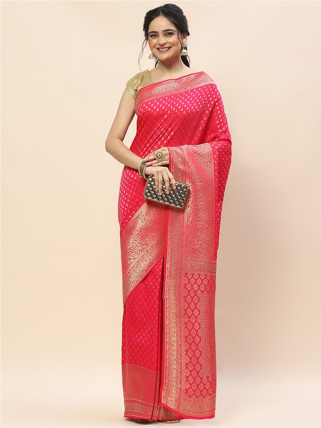 

Meena Bazaar Floral Woven Design Zari Art Silk Banarasi Saree, Pink