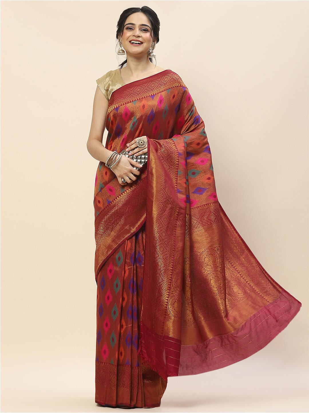 

Meena Bazaar Ethnic Motifs Woven Design Zari Art Silk Saree, Maroon