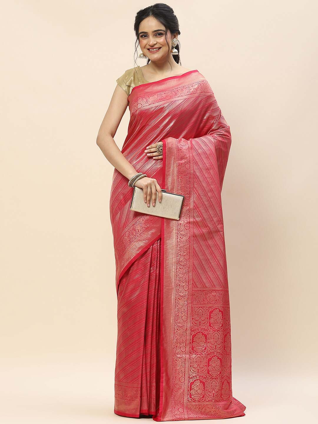 

Meena Bazaar Ethnic Motifs Woven Design Zari Art Silk Saree, Pink