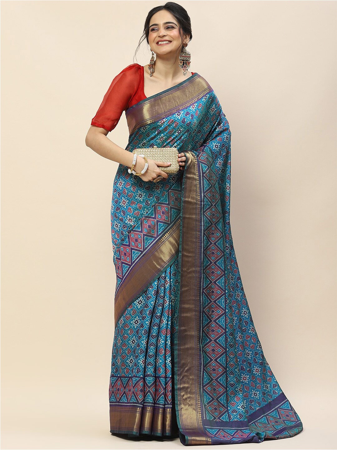 

Meena Bazaar Floral Printed Zari Art Silk Saree, Blue