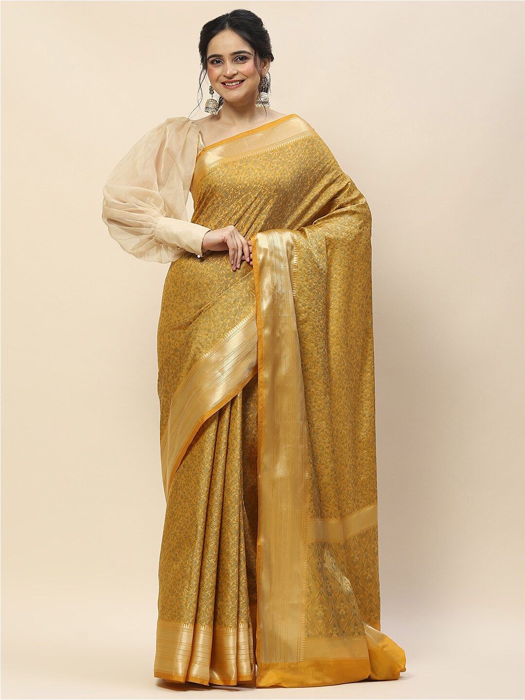 

Meena Bazaar Ethnic Motifs Woven Design Zari Saree, Mustard