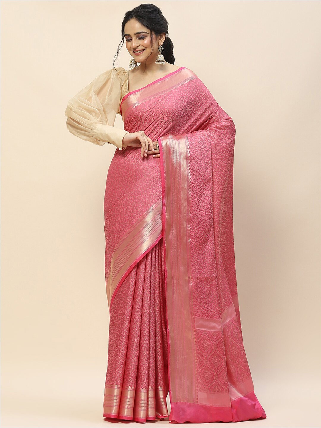 

Meena Bazaar Floral Printed Woven Design Zari Saree, Pink