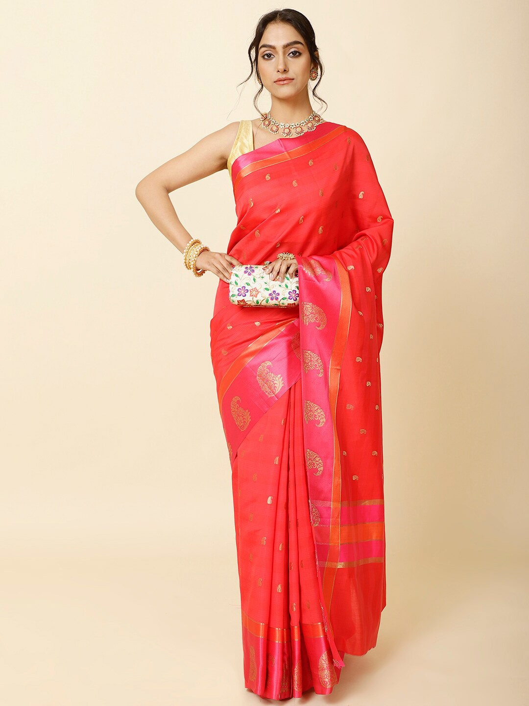 

Meena Bazaar Ethnic Motifs Woven Design Zari Saree, Red