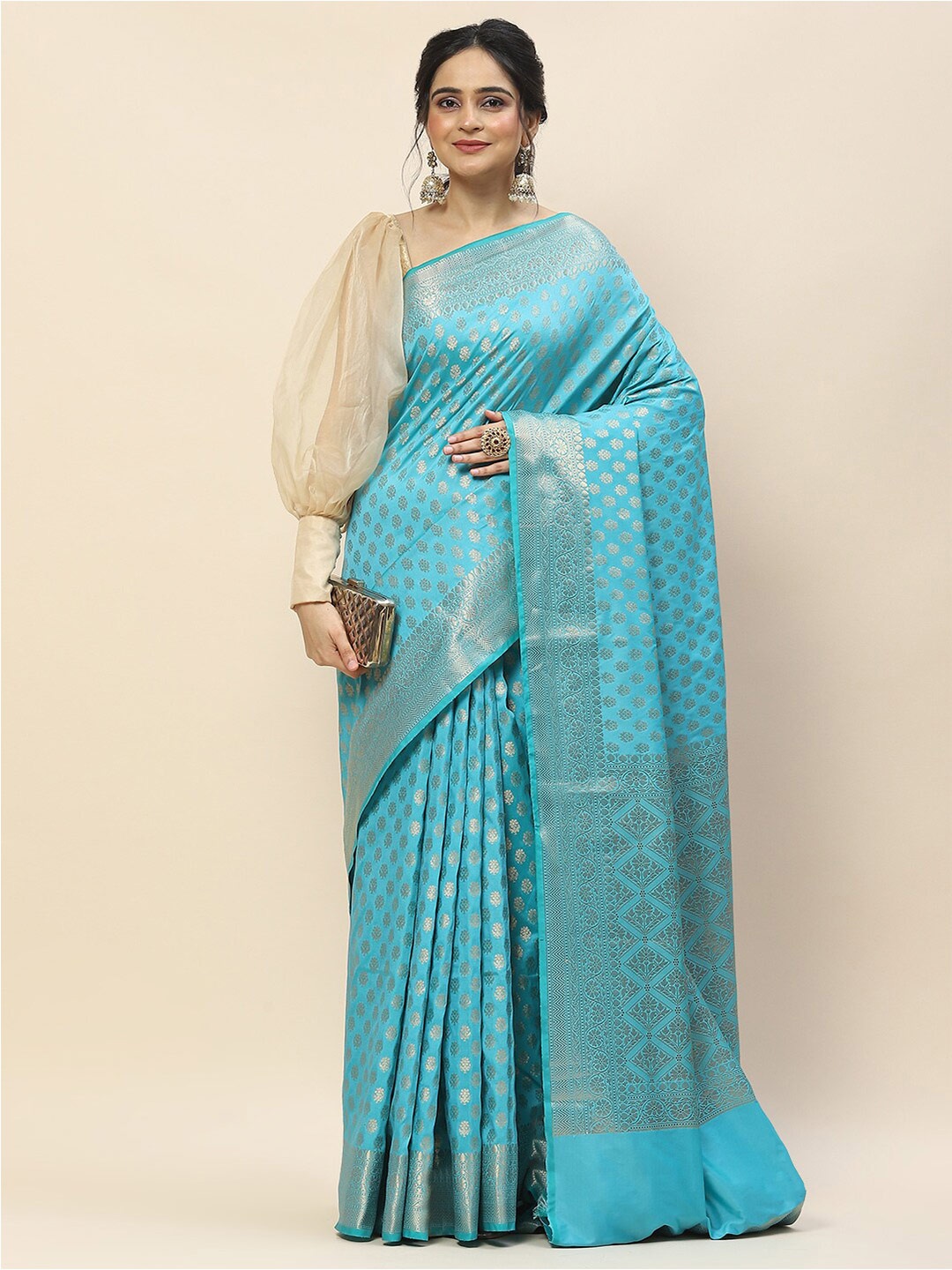 

Meena Bazaar Ethnic Motifs Woven Design Zari Art Silk Banarasi Saree, Blue