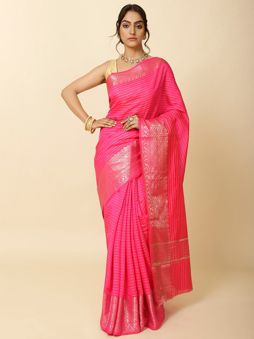 

Meena Bazaar Striped Woven Design Zari Saree, Pink