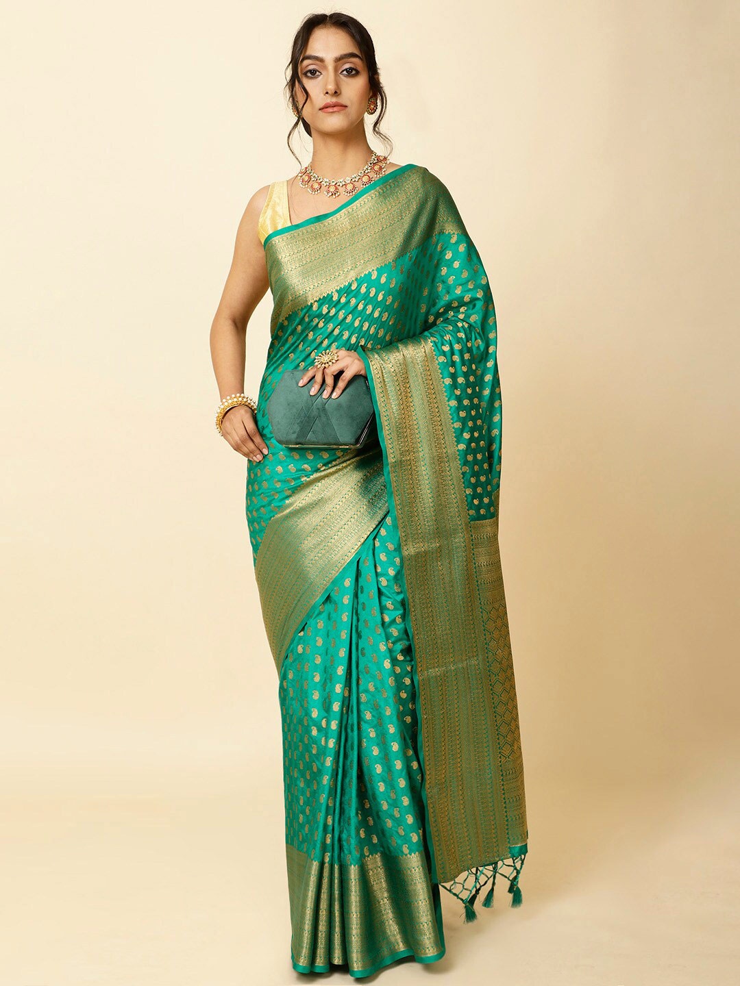 

Meena Bazaar Ethnic Motifs Woven Design Zari Art Silk Saree, Green