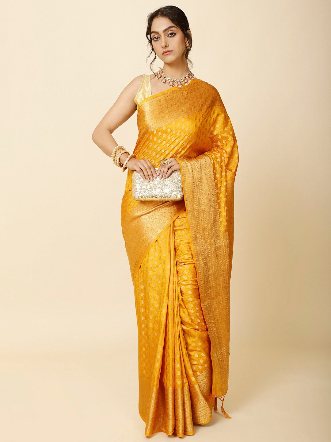 

Meena Bazaar Paisley Woven Design Zari Art Silk Saree, Mustard