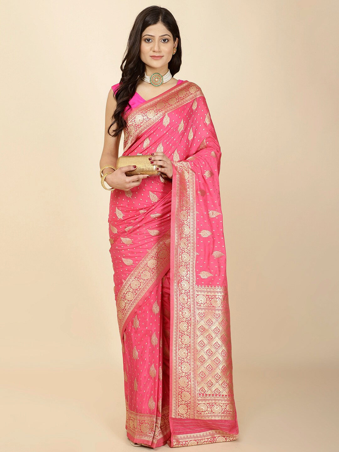 

Meena Bazaar Ethnic Motifs Woven Design Zari Saree, Pink