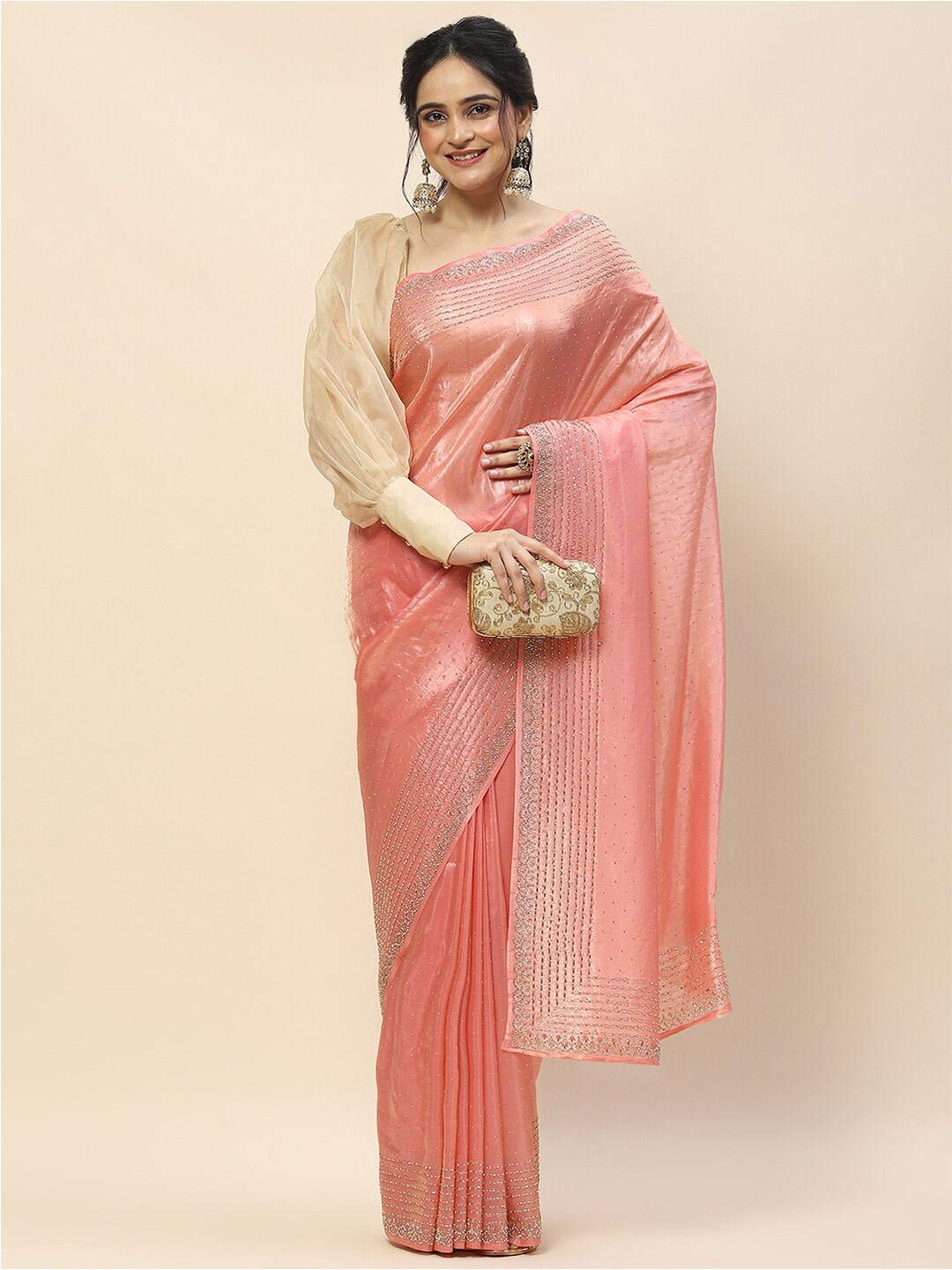 

Meena Bazaar Embellished Thread Work Organza Saree, Peach