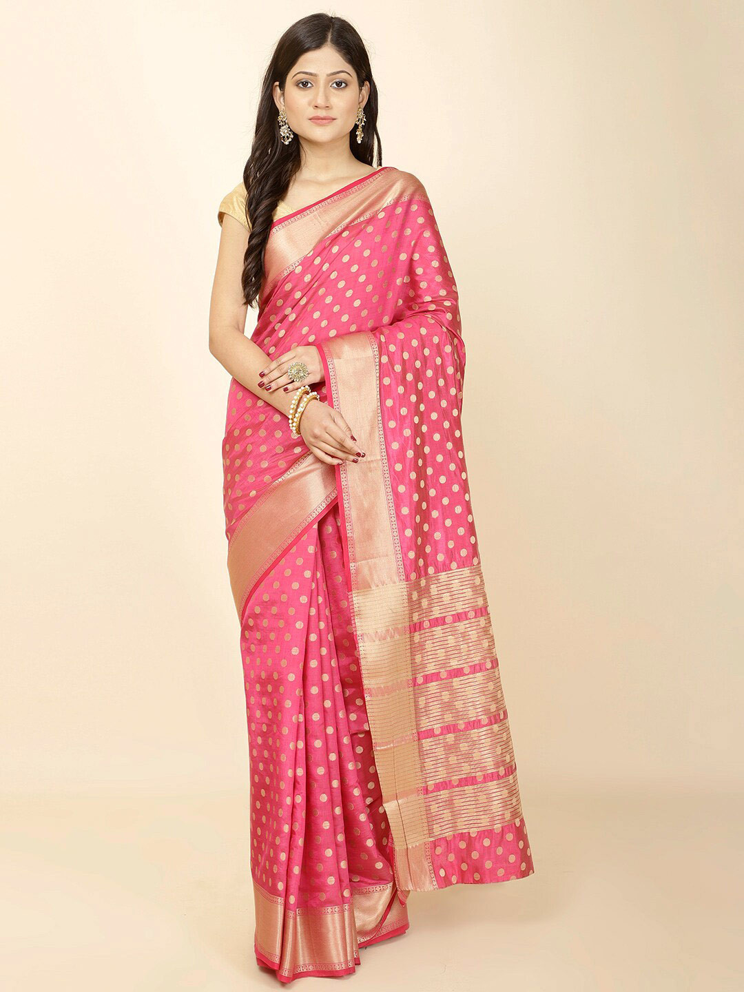

Meena Bazaar Geometric Woven Design Zari Art Silk Saree, Pink