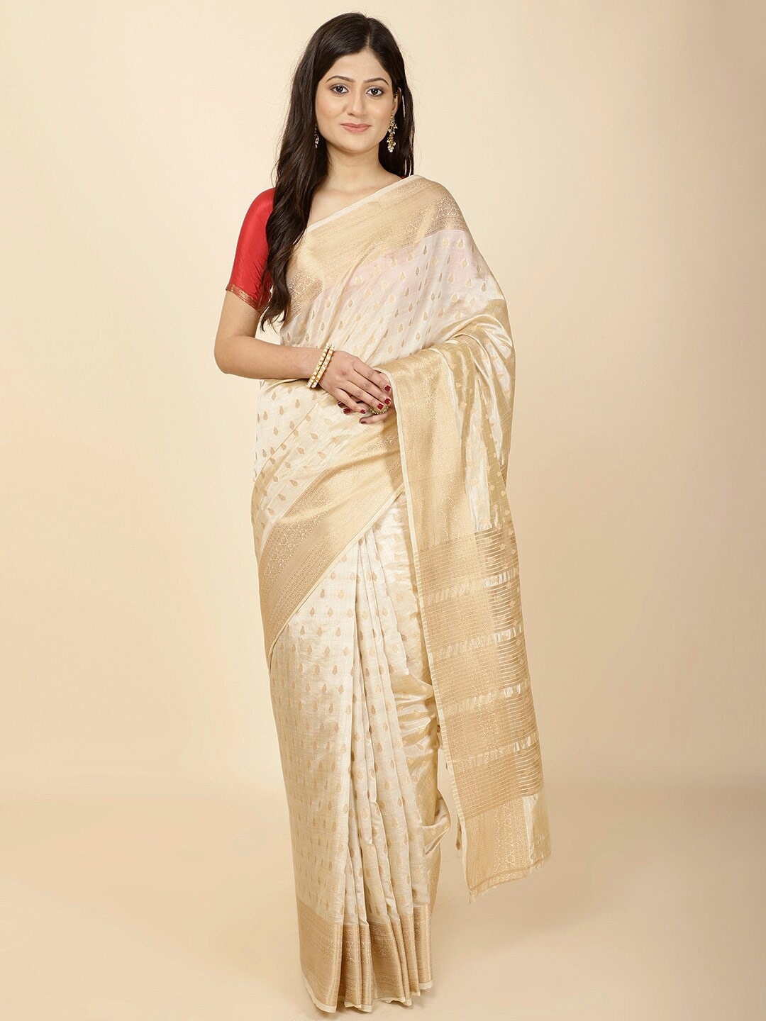 

Meena Bazaar Ethnic Motifs Woven Design Zari Art Silk Saree, Cream