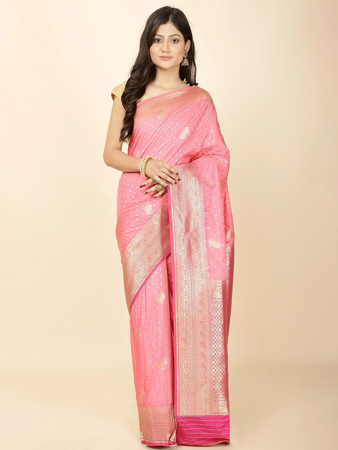 

Meena Bazaar Ethnic Motifs Woven Design Zari Saree, Pink