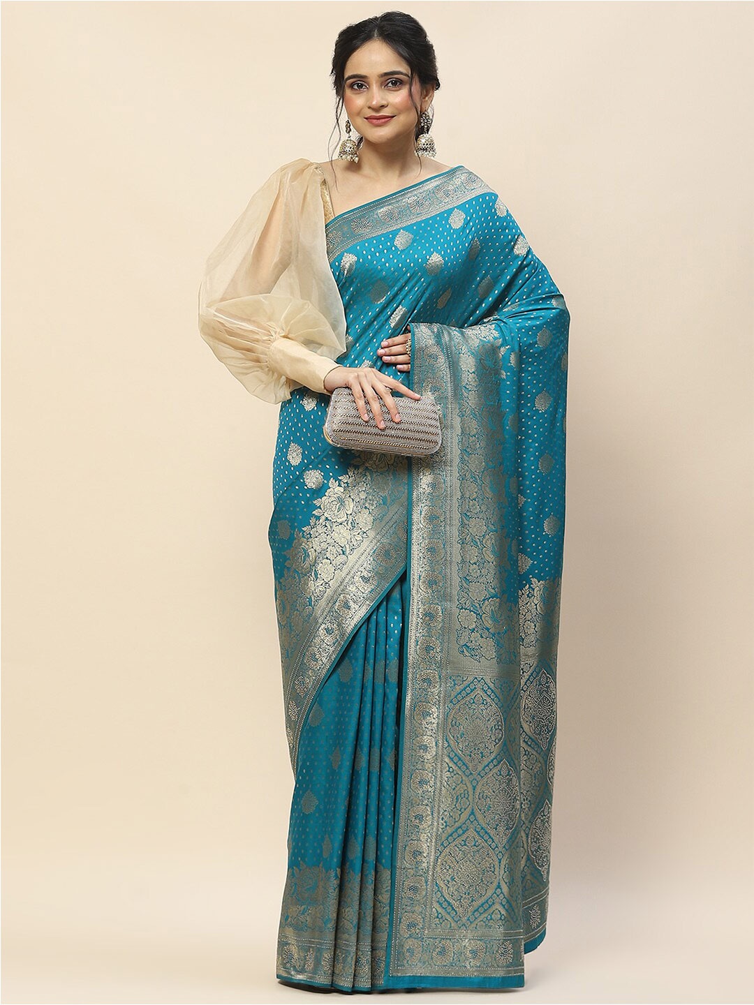 

Meena Bazaar Ethnic Motifs Woven Design Zari Art Silk Banarasi Saree, Blue