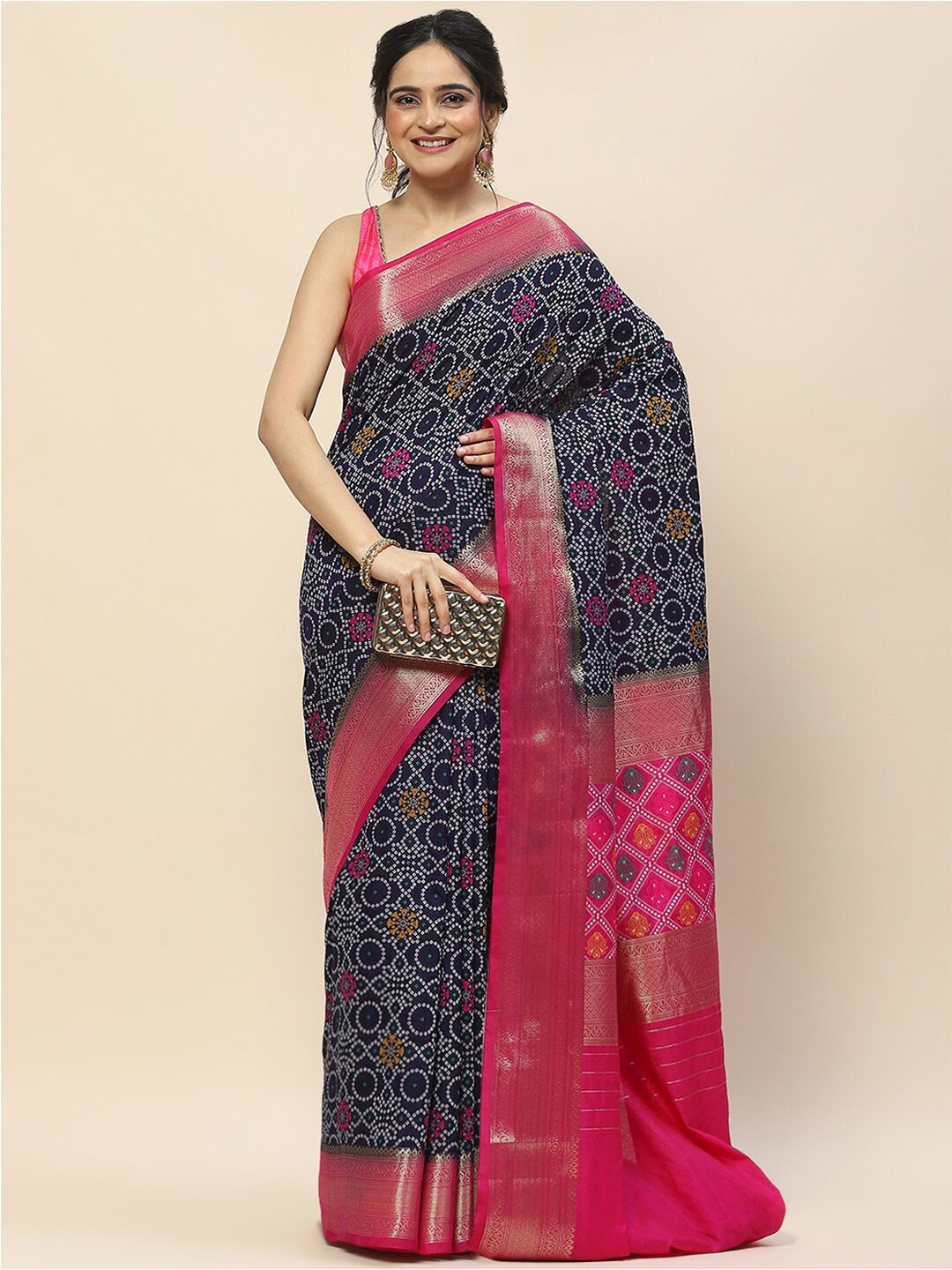 

Meena Bazaar Bandhani Woven Designed Zari Saree, Navy blue