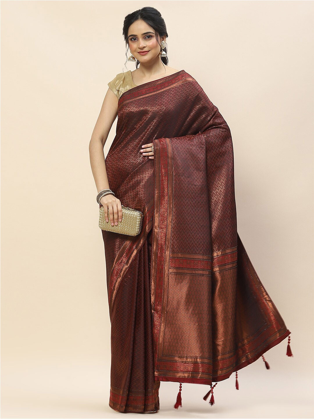 

Meena Bazaar Ethnic Woven Design Zari Art Silk Banarasi Saree, Burgundy
