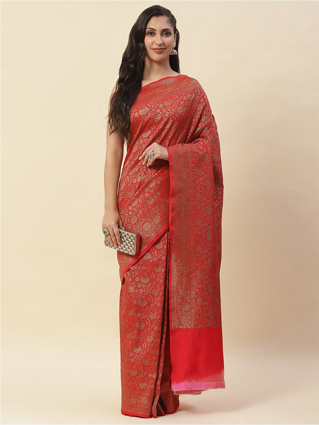 

Meena Bazaar Floral Woven Design Zari Art Silk Banarasi Saree, Red