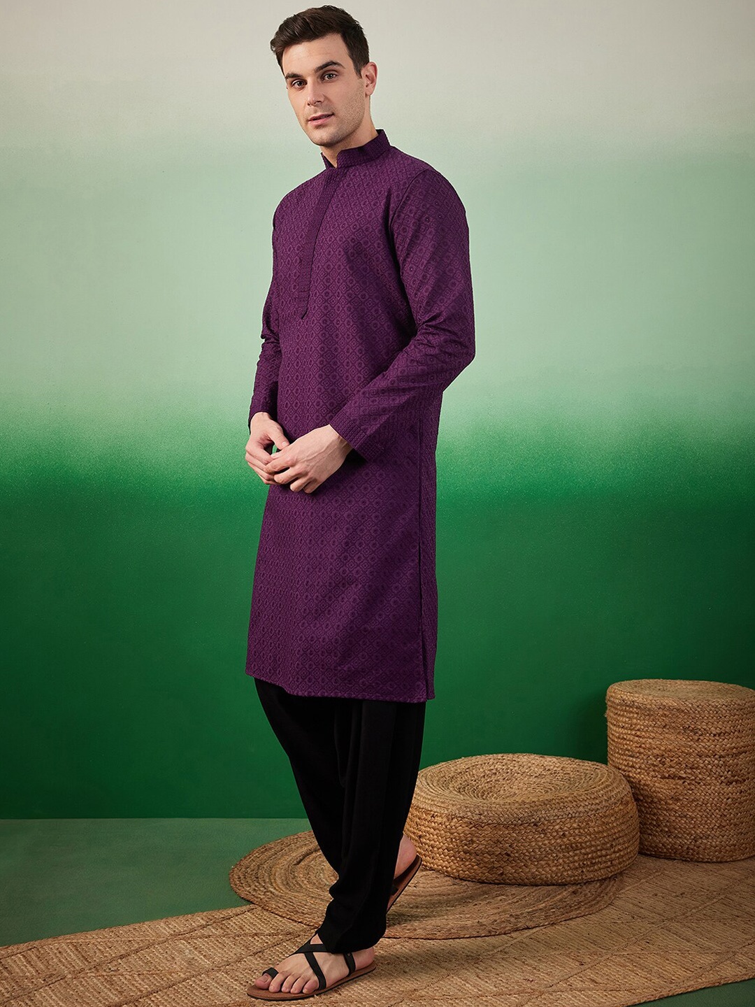 

Sangria Ethnic Motifs Embroidered Chikankari Mandarin Collar Pure Cotton Straight Kurta, Purple