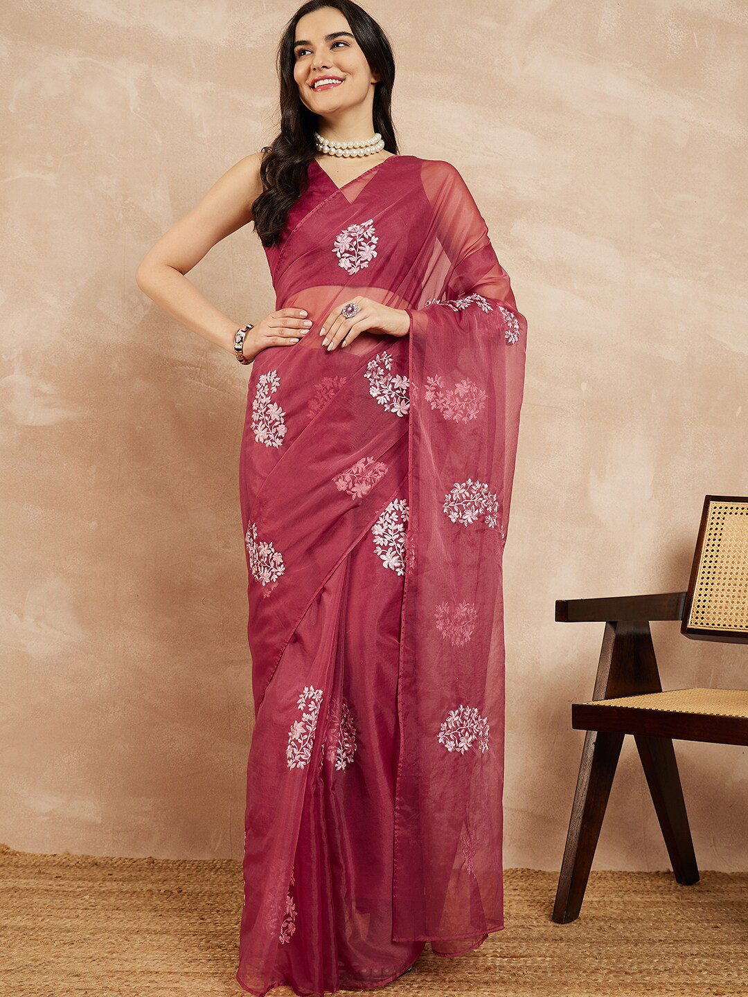 

Inddus Floral Embroidered Organza Saree, Pink