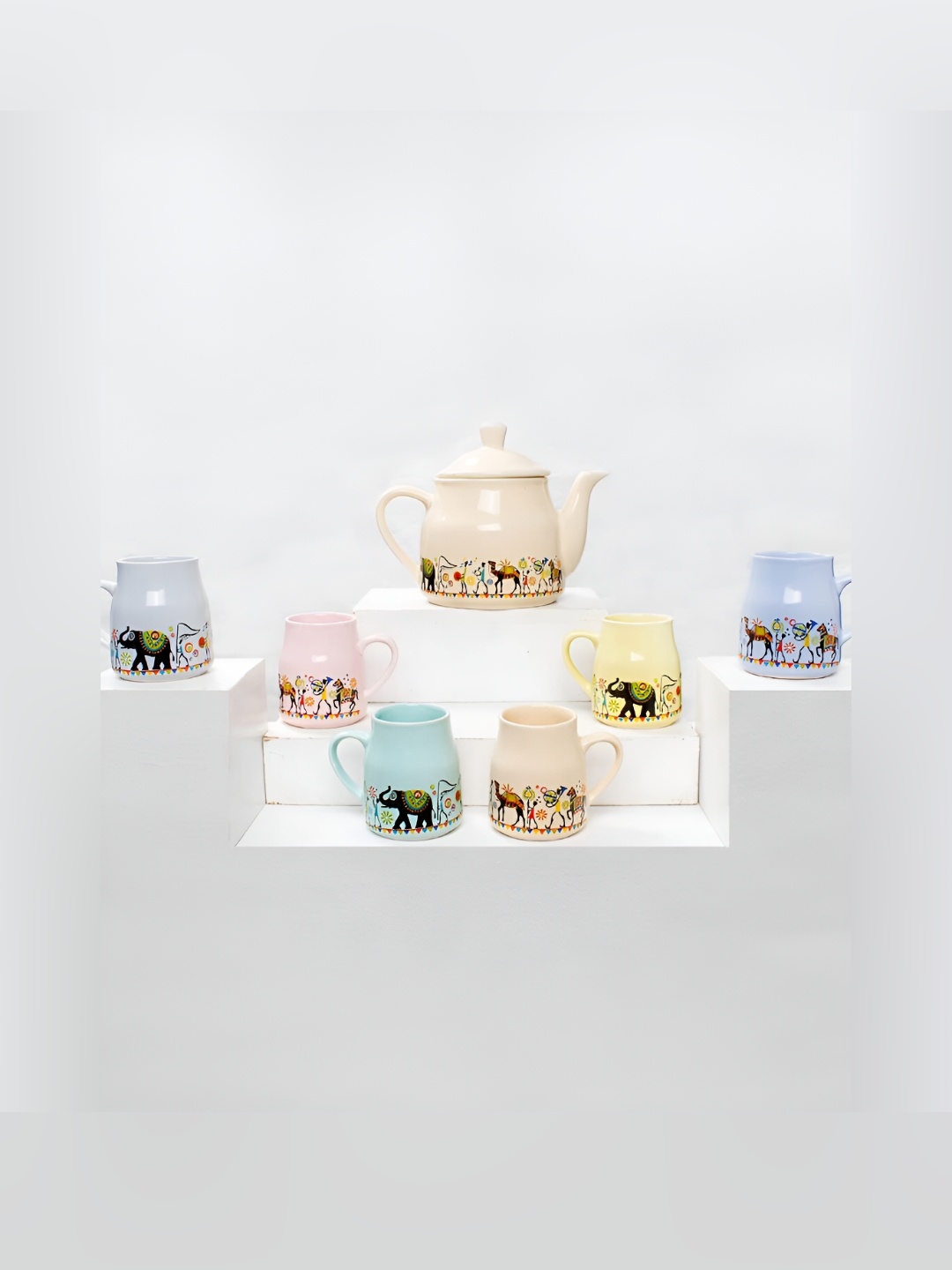

The Earth Store Blue 7 Pcs Printed Microwave Safe Glossy Finish Ceramic Kettle Set