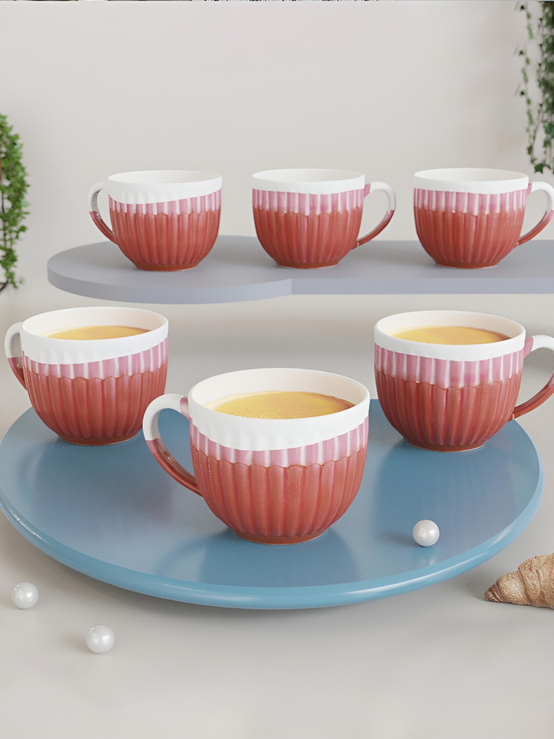 

The Earth Store Red & White 6 Pcs Handcrafted Textured Ceramic Matte Cups 150 ml