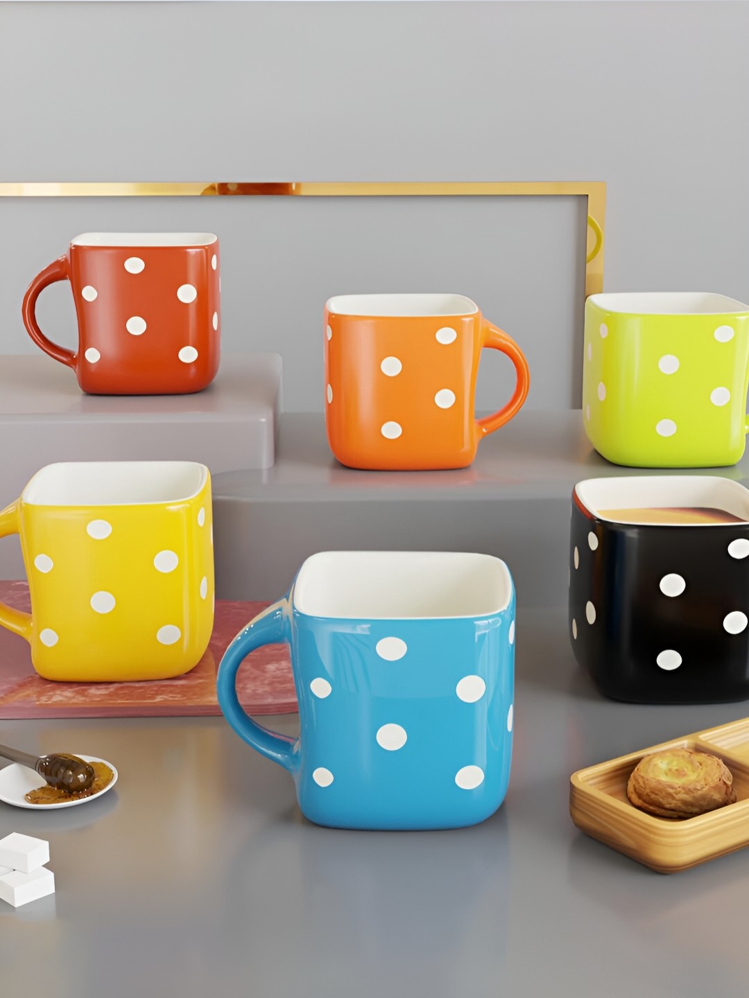

The Earth Store Blue & Black 6 Pcs Polka Dot Square Ceramic Glossy Cups 150 ml