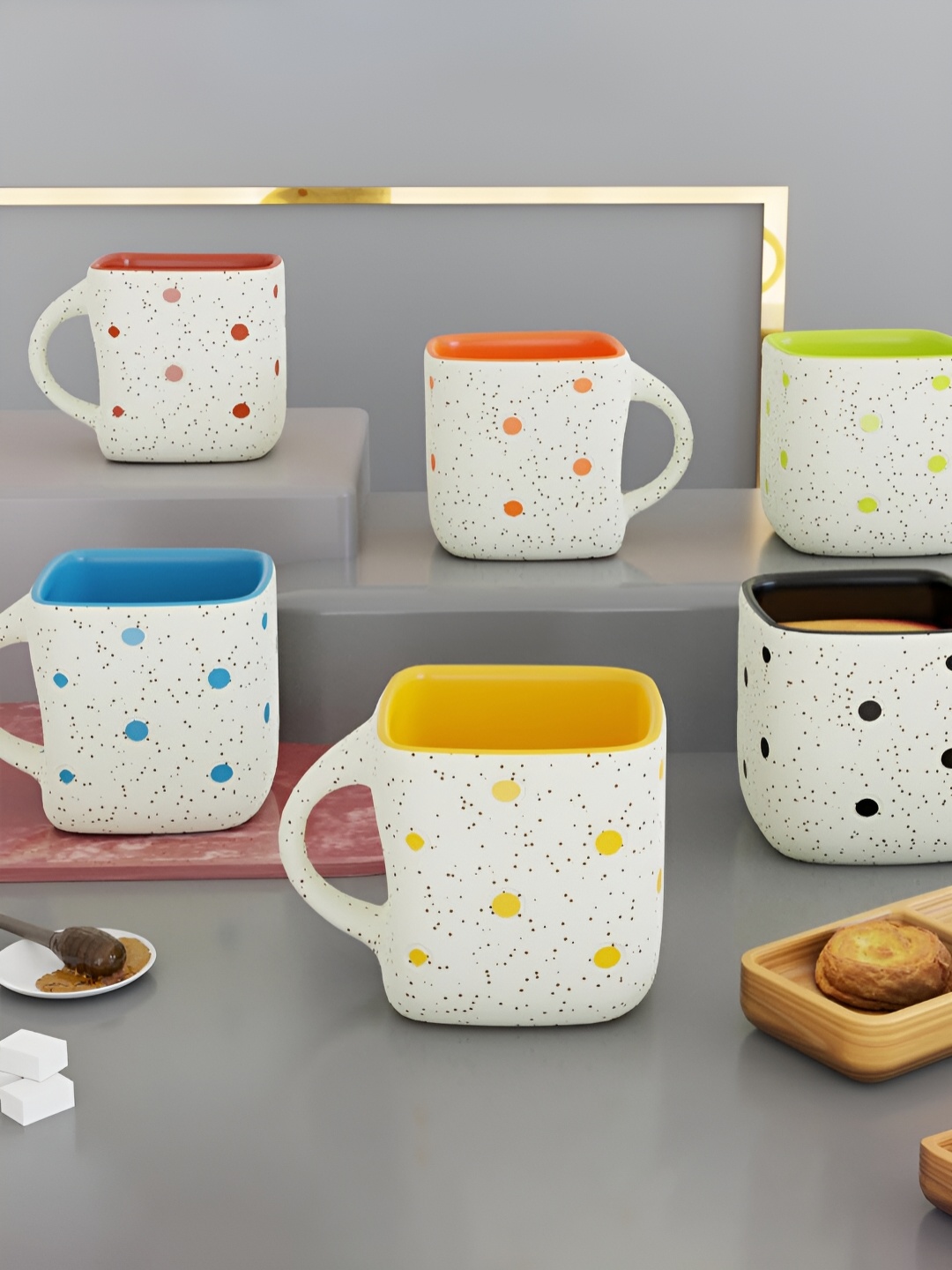 

The Earth Store White 6 Pcs Printed Microwave Safe Matte Finish Ceramic Cups 150 ml Each