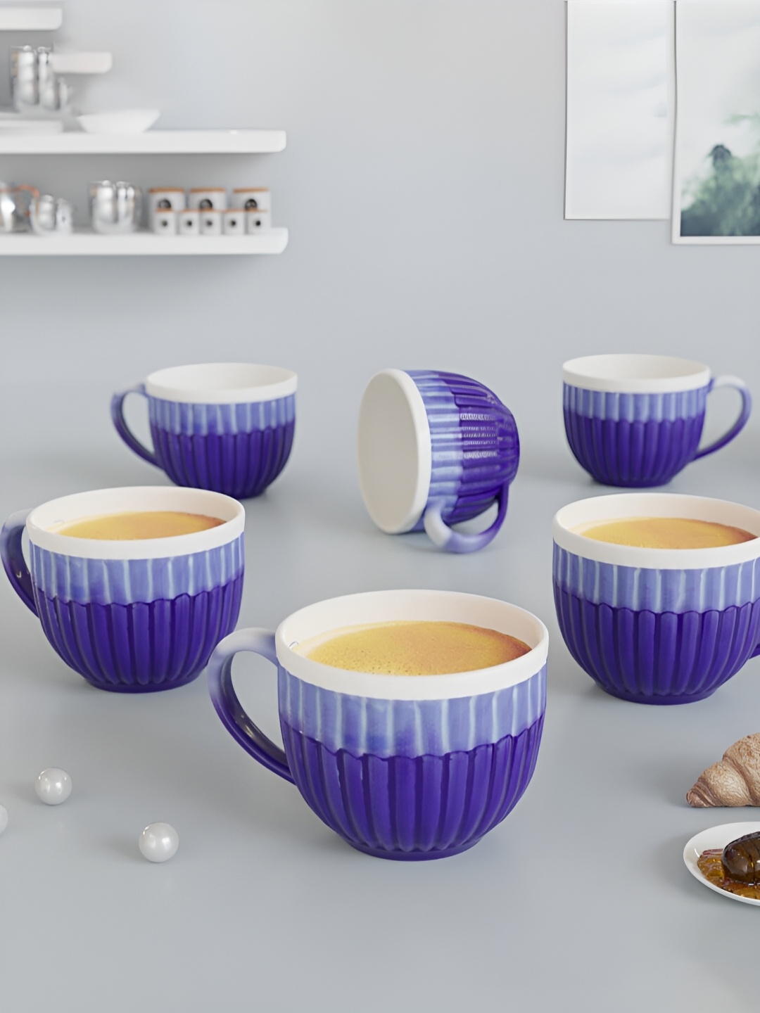 

The Earth Store Blue 6 Pcs Handcrafted Textured Ceramic Matte Cups 150 ml