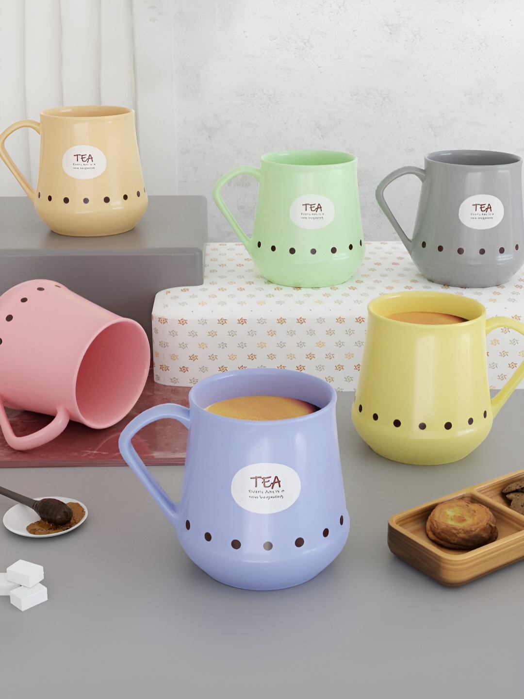 

The Earth Store Pink & Yellow 6 Pcs Handcrafted Printed Ceramic Glossy Mugs 170 ml, Assorted