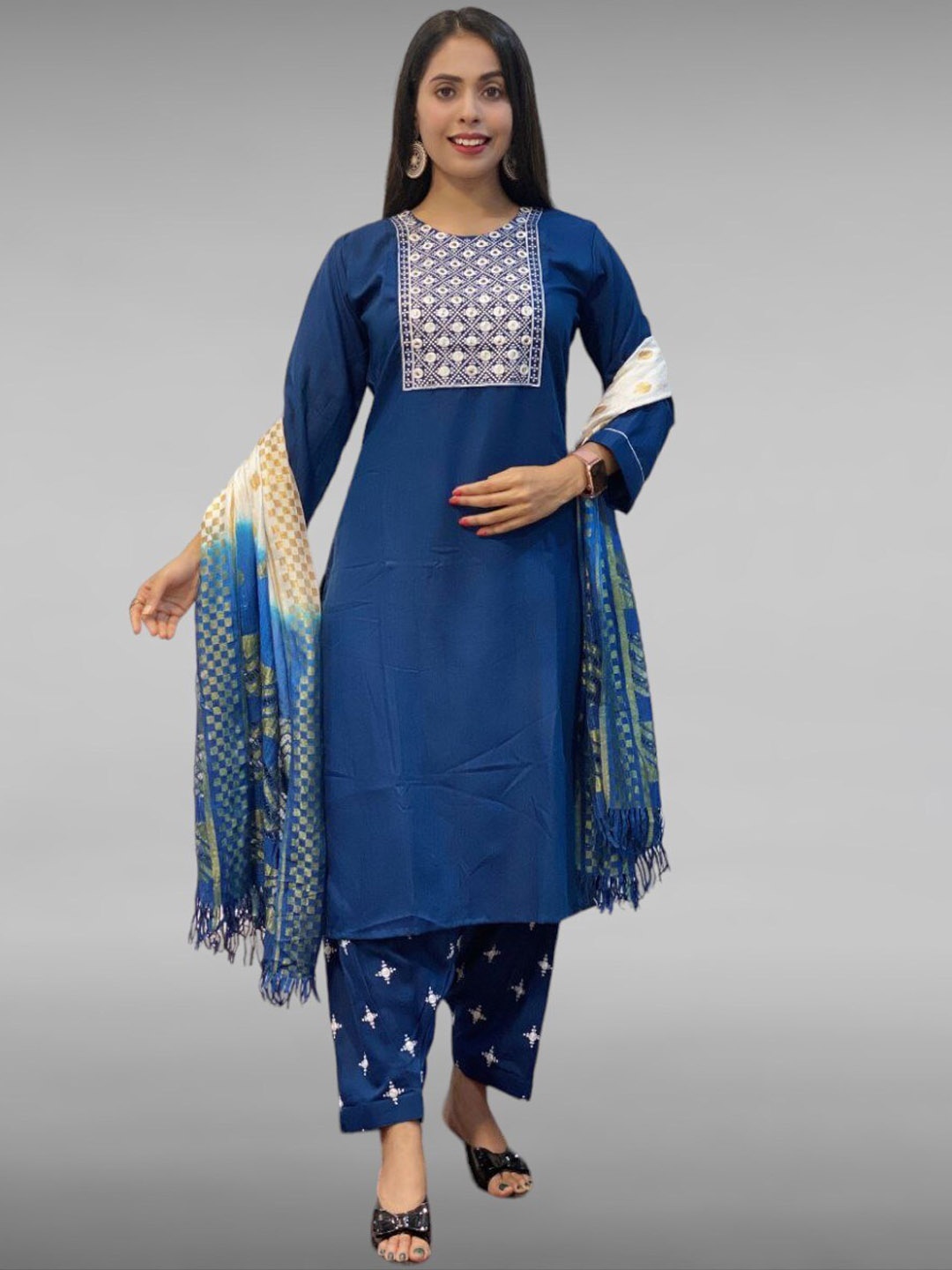 

Kietties Ethnic Motifs Yoke Design Kurta With Salwar & Dupatta, Blue