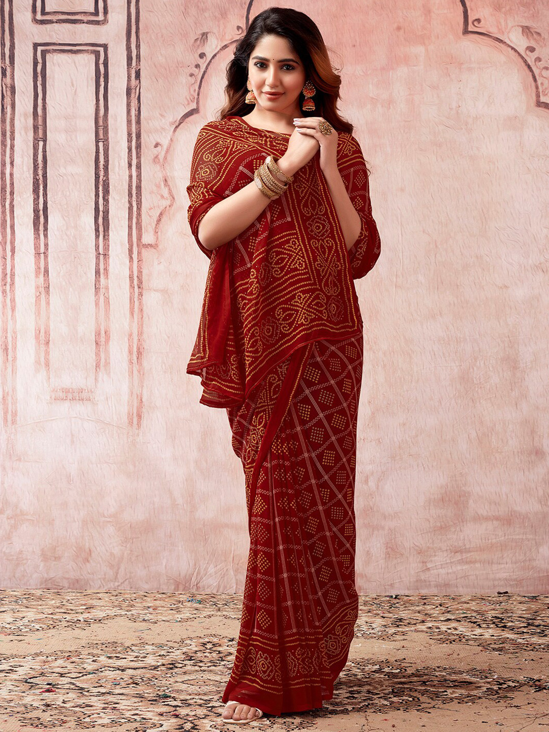 

KALINI Bandhani Printed Saree, Red