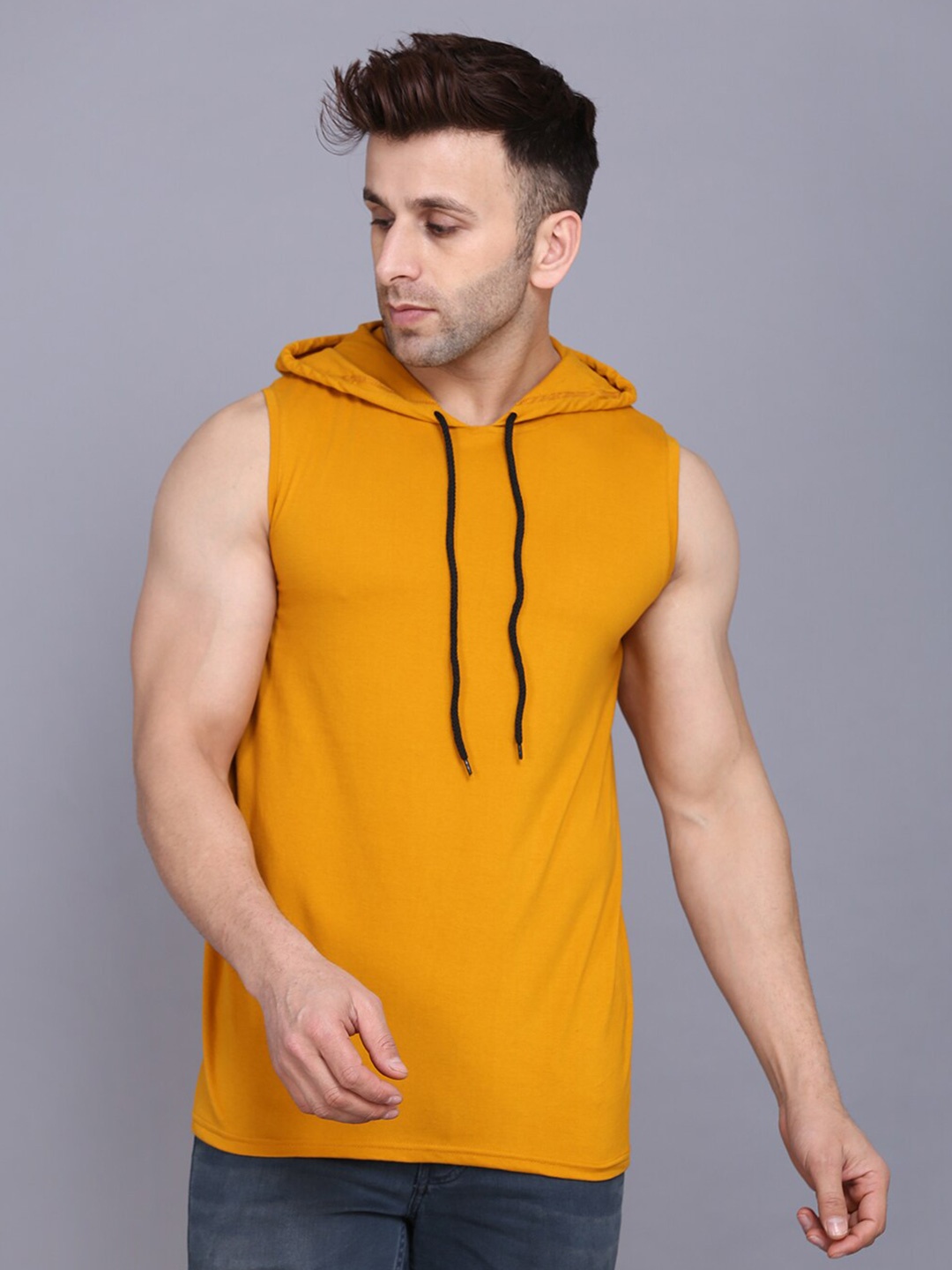 

SLOWLORIS Sleeveless Hooded T-shirt, Mustard