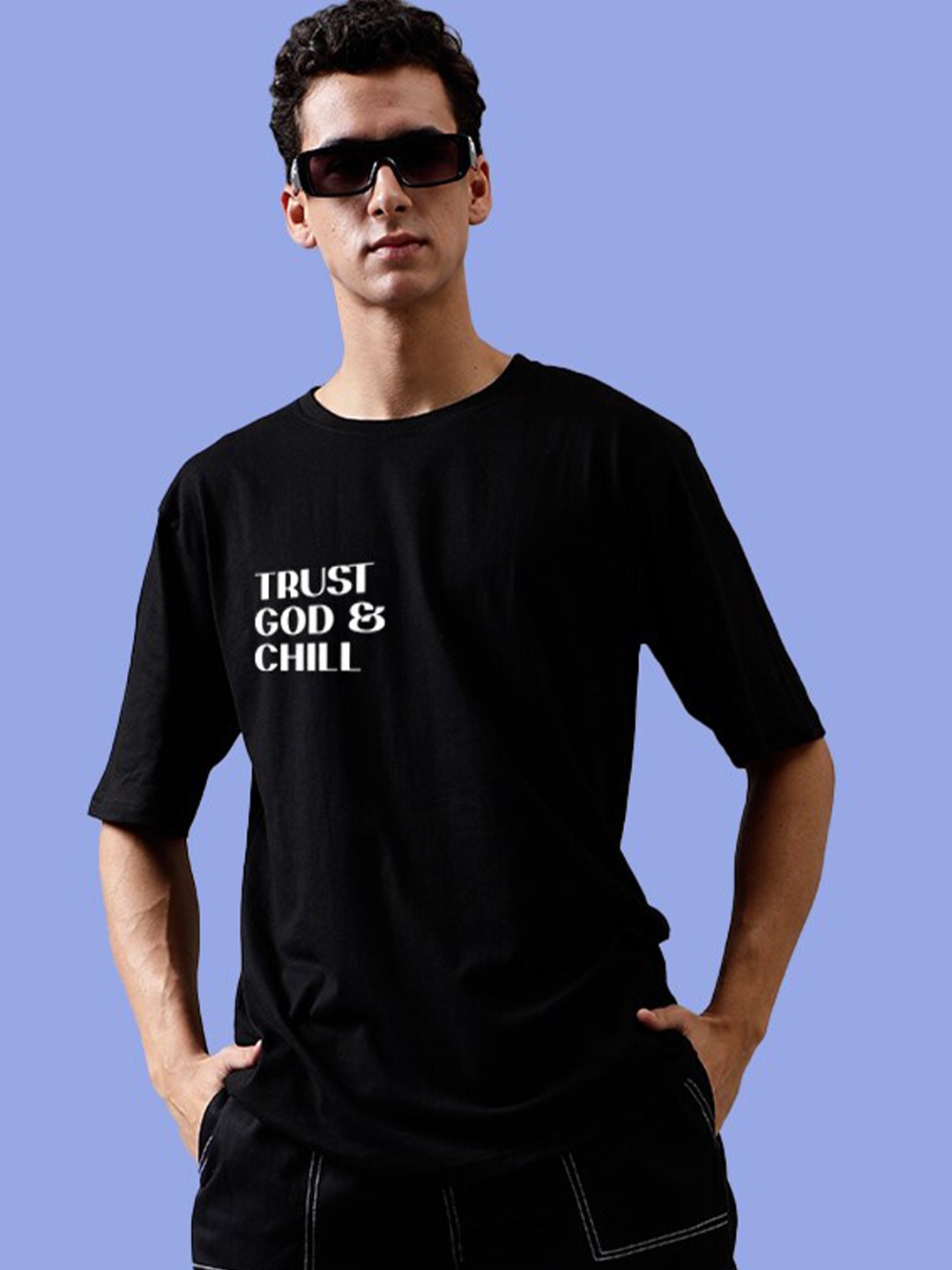 

Mad Over Print Typography Printed Drop-Shoulder Sleeves Cotton Oversized T-shirt, Black