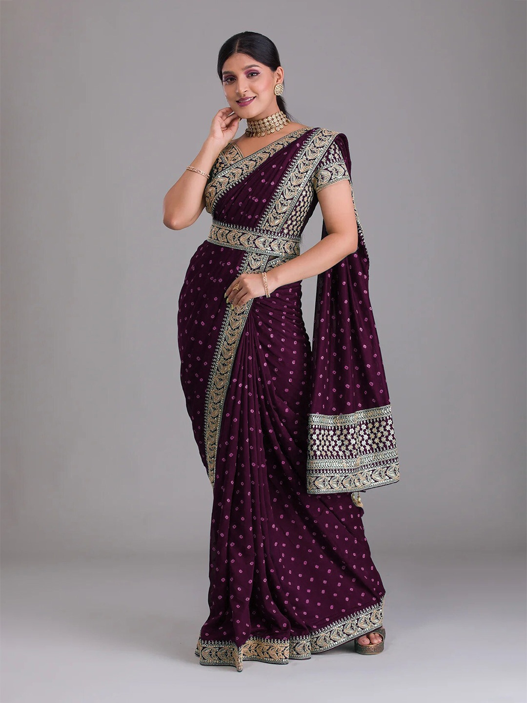 

TEEYA CREATION Bandhani Printed Embroidered Saree, Purple