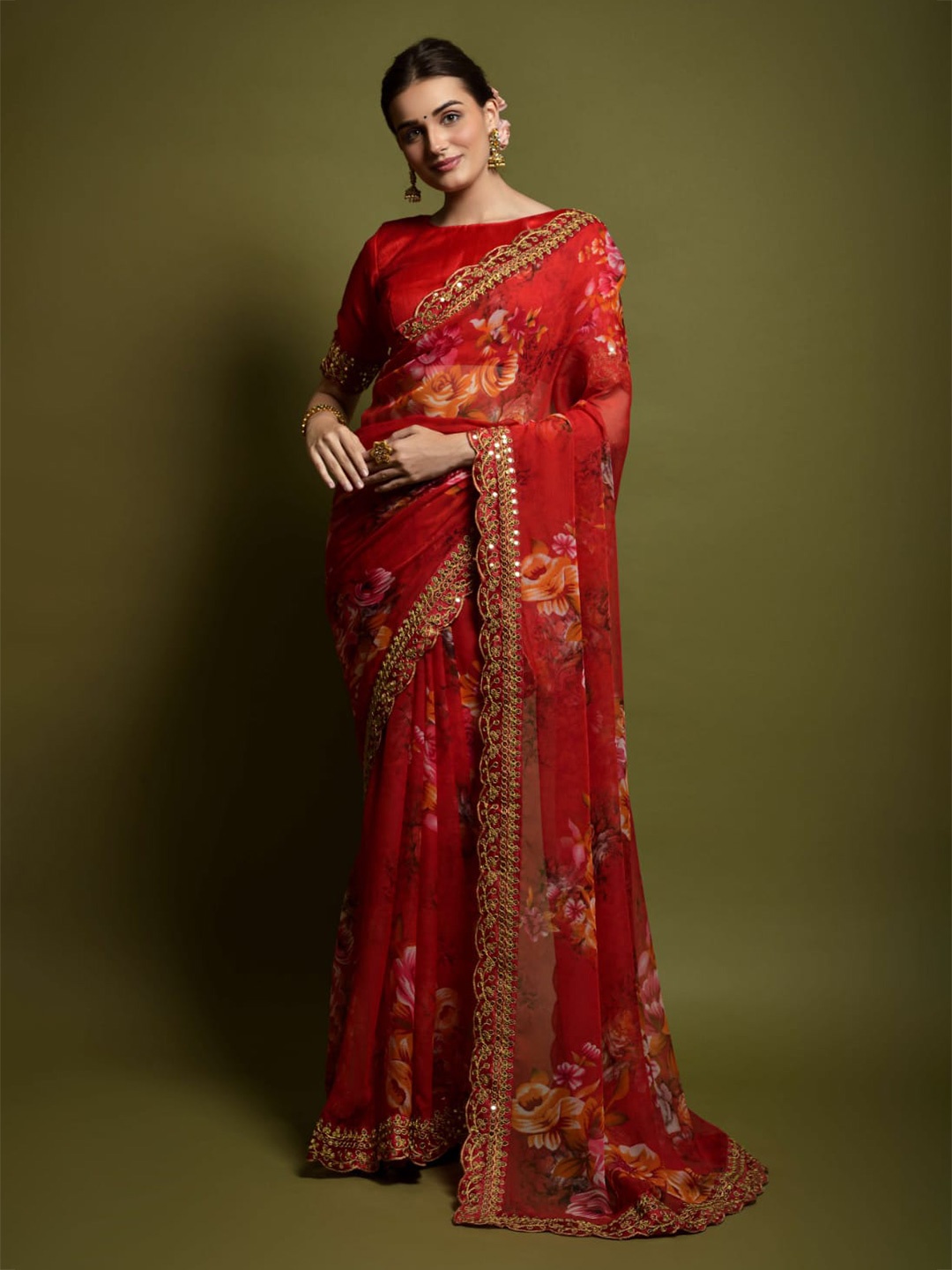 

TEEYA CREATION Floral Printed Embroidered Pure Georgette Saree, Red