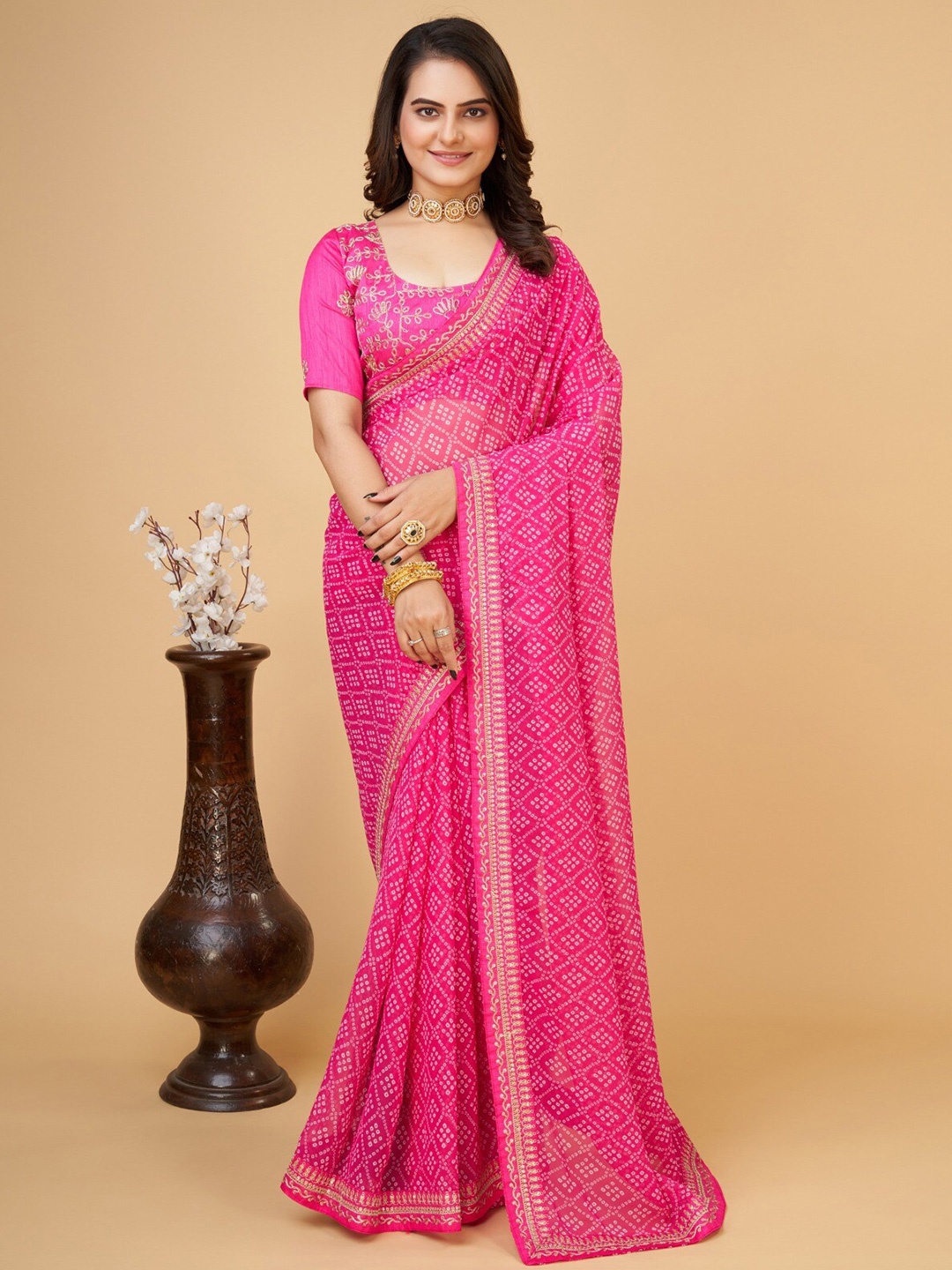 

TEEYA CREATION Bandhani Printed Embroidered Pure Georgette Saree, Pink