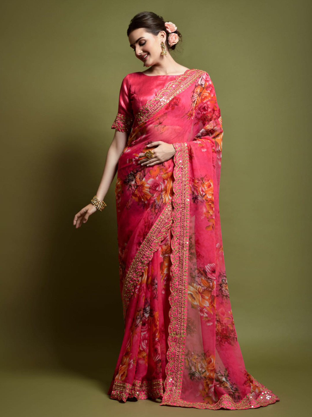 

TEEYA CREATION Floral Printed Embroidered Pure Georgette Saree, Pink