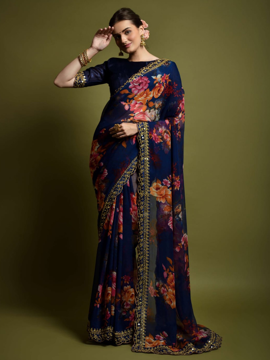 TEEYA CREATION Floral Printed Embroidered Pure Georgette Saree, Navy blue