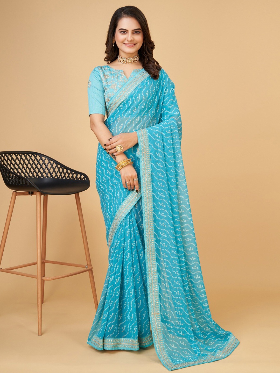 

TEEYA CREATION Bandhani Printed Embroidered Pure Georgette Saree, Turquoise blue