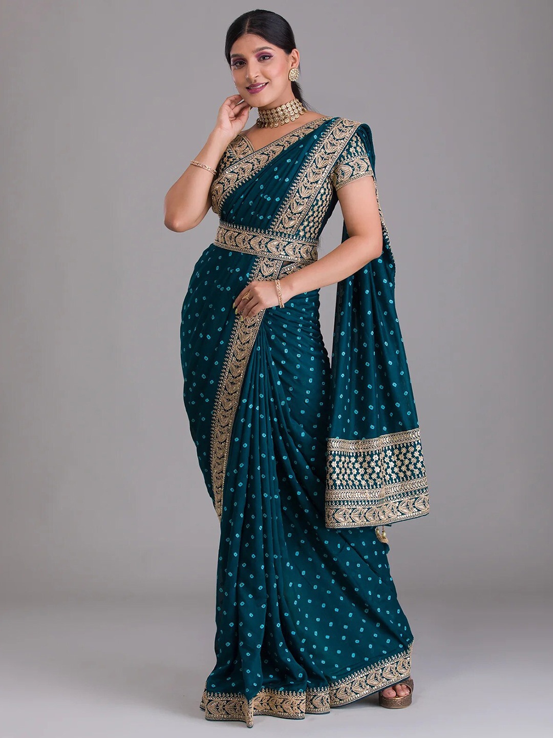 

TEEYA CREATION Bandhani Printed Embroidered Saree, Teal