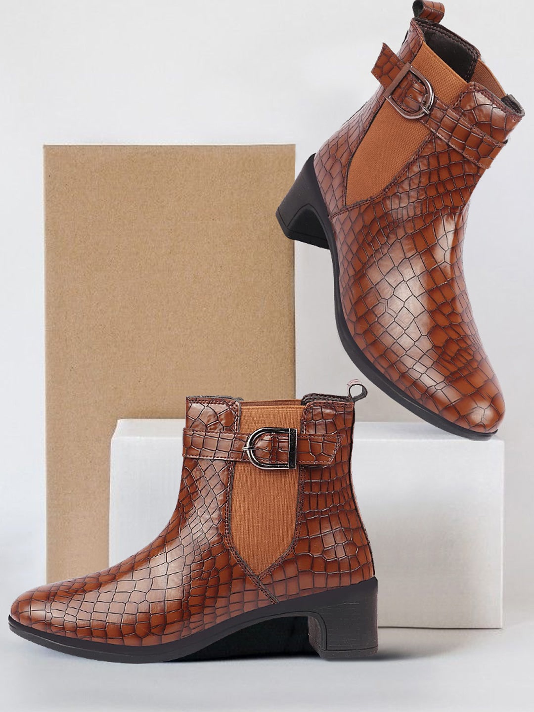 

FAUSTO Women Textured Buckle Detailed Heeled Chelsea Boots, Tan