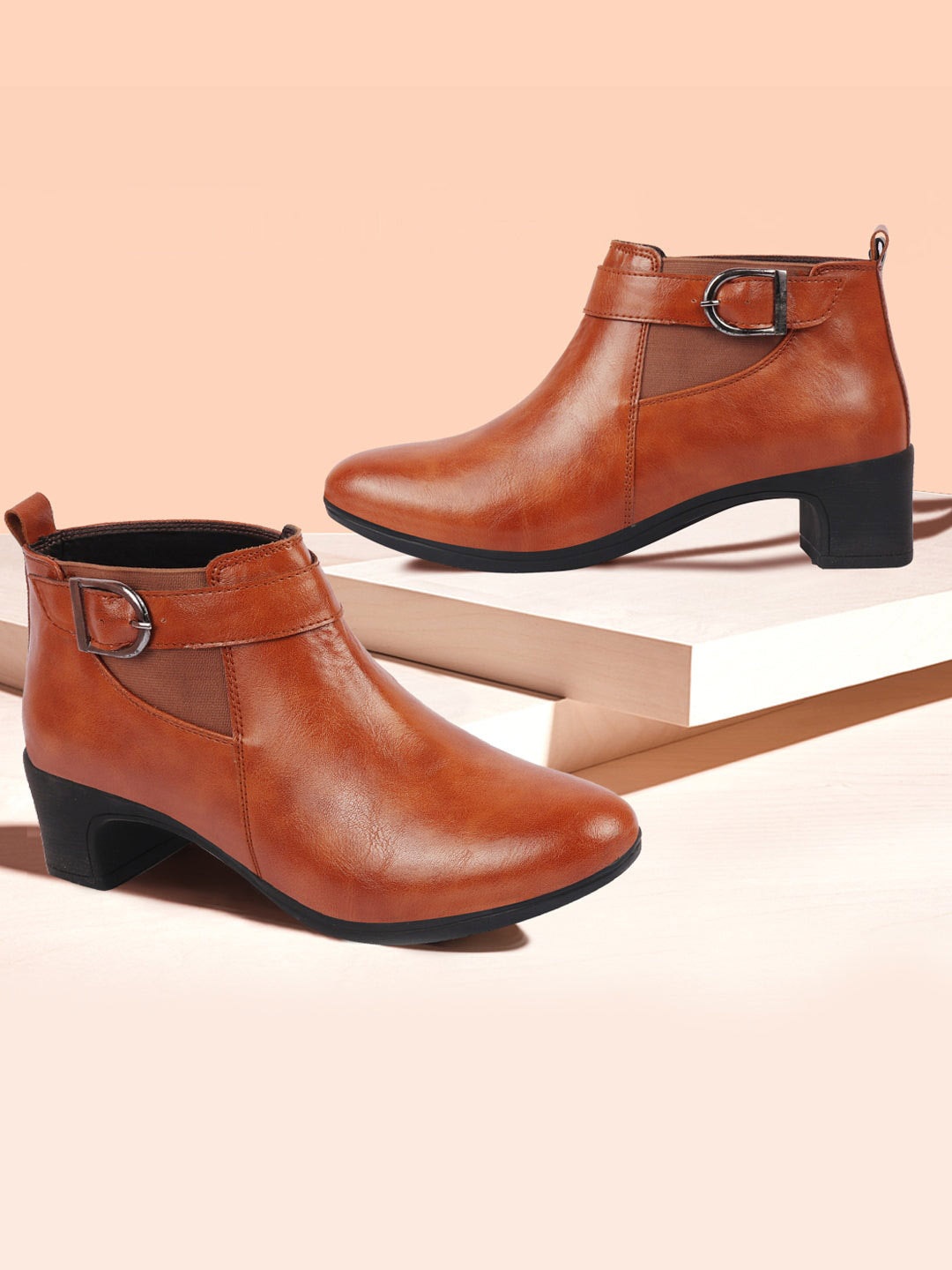 

FAUSTO Women Round Toe Block-Heeled Mid-Top Chelsea Boots, Tan