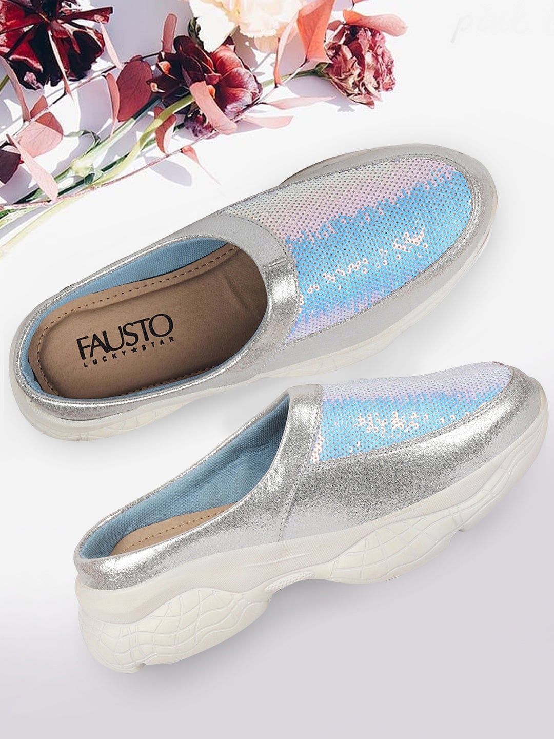 

FAUSTO Women Embellished Round Toe Lightweight Mule Sneakers, Silver
