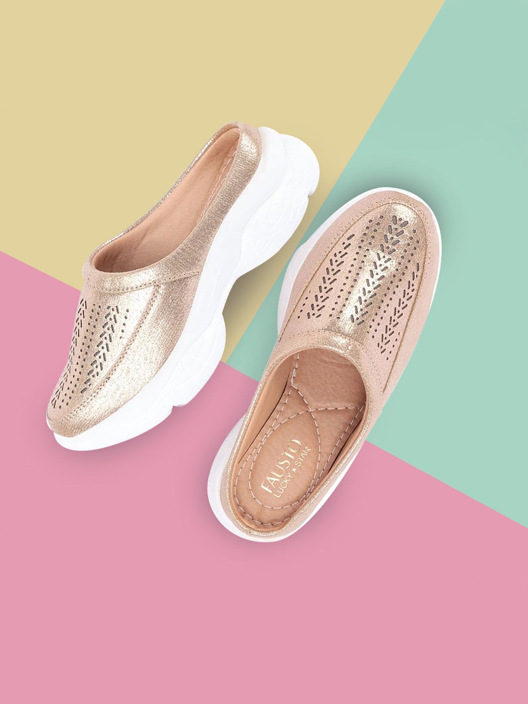 

FAUSTO Women Laser Cuts Round Toe Lightweight Mule Sneakers, Gold