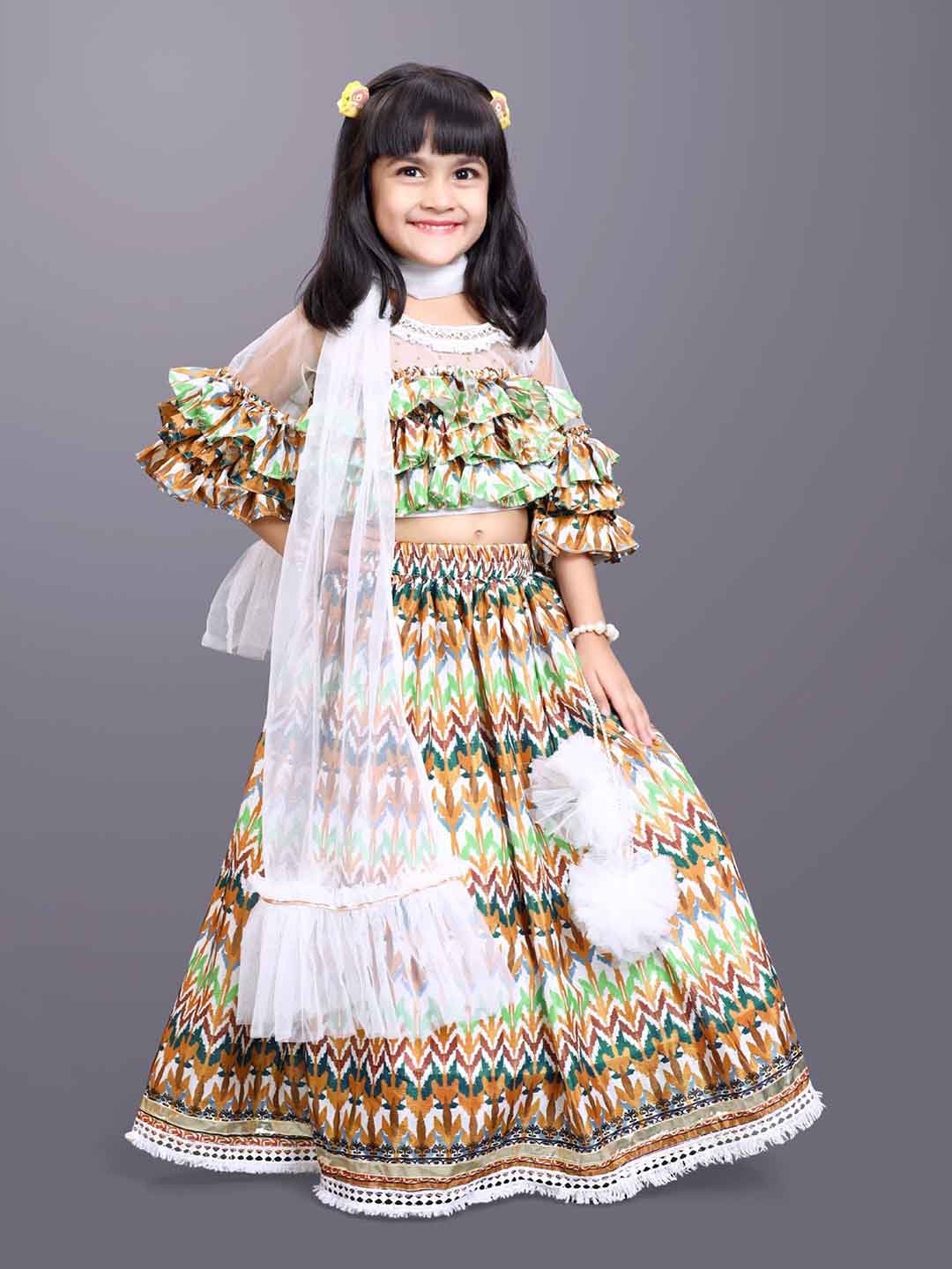 

BAESD Girls Printed Ready To Wear Lehenga & Blouse With Dupatta, Green