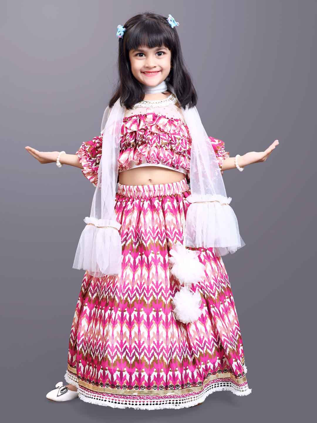

BAESD Girls Printed Ready To Wear Lehenga & Blouse With Dupatta, Pink