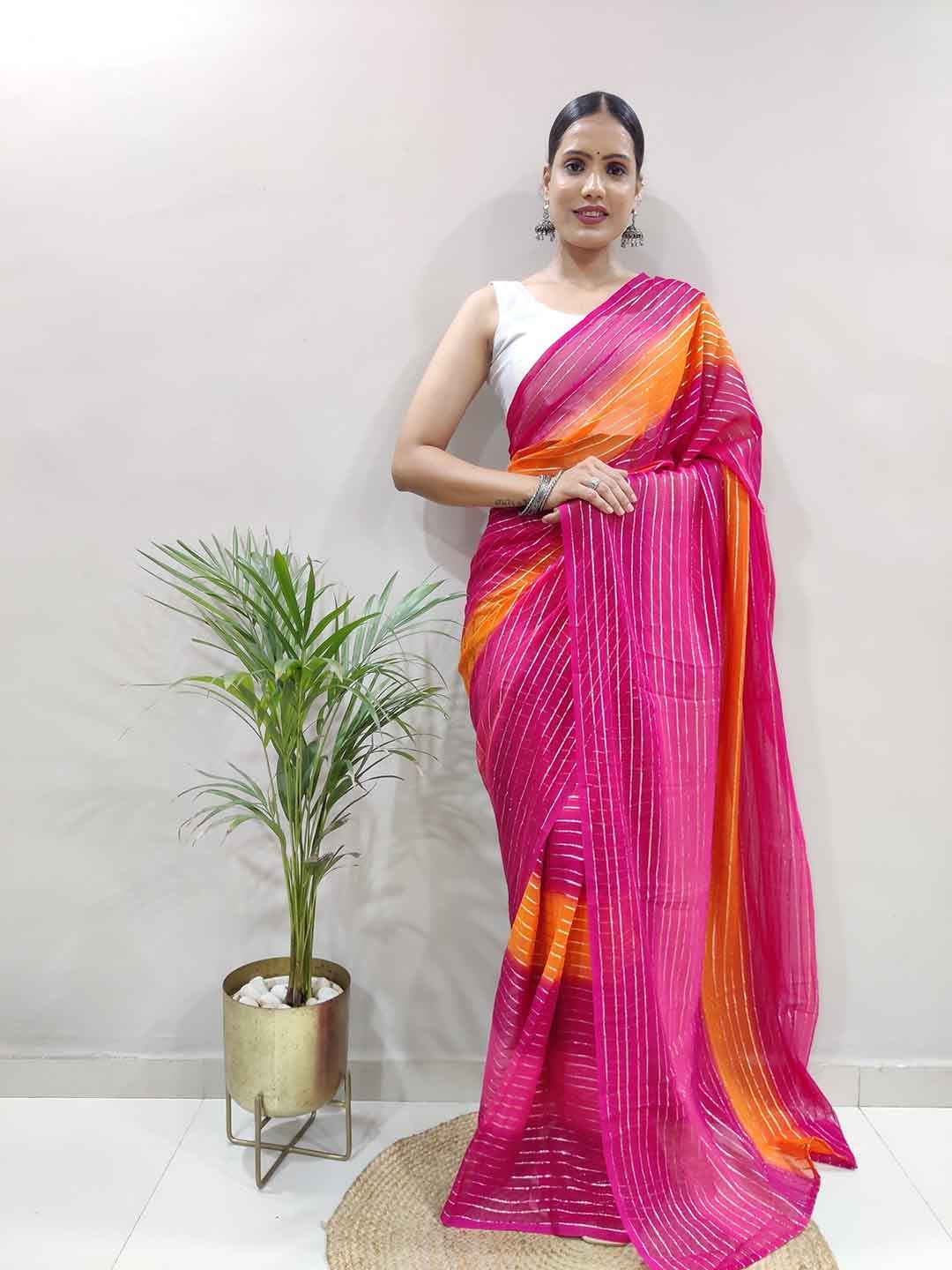 

TEEYA CREATION Striped Ready to Wear Saree, Pink