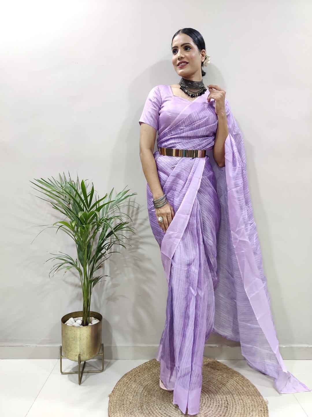 

TEEYA CREATION Striped Woven Design Ready To Wear Saree, Lavender